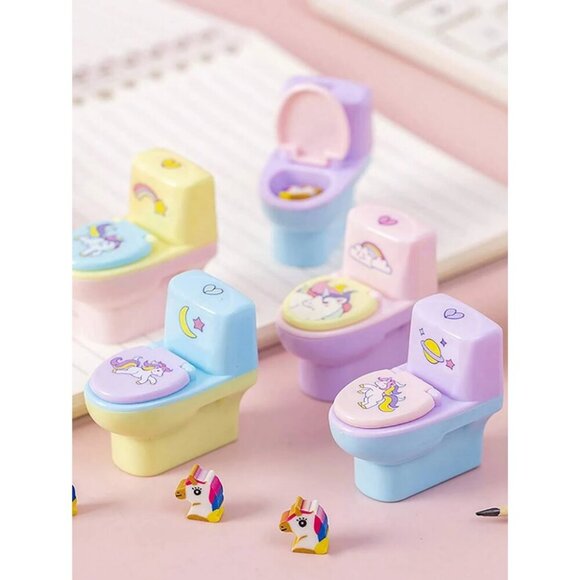 Unicorn Toilet-Shaped Pencil Sharpener With Eraser - Creative Gift For Kids - Picture 2 of 3